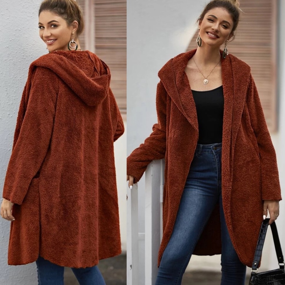 Gray Hooded long teddy coat jacket faux fur soft - Picture 6 of 6